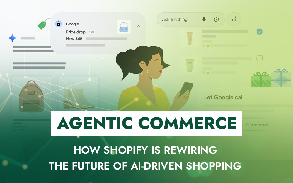 Illustration showing AI-driven shopping and automation features powered by Shopify