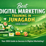 Green banner showing best digital marketing training in Junagadh 2026 with SEO icons, laptop, and marketing tools.