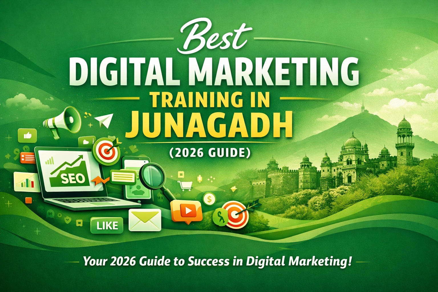 Green banner showing best digital marketing training in Junagadh 2026 with SEO icons, laptop, and marketing tools.