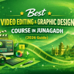 Green theme banner for best video editing and graphic design course in Junagadh 2026 with creative tools and city background